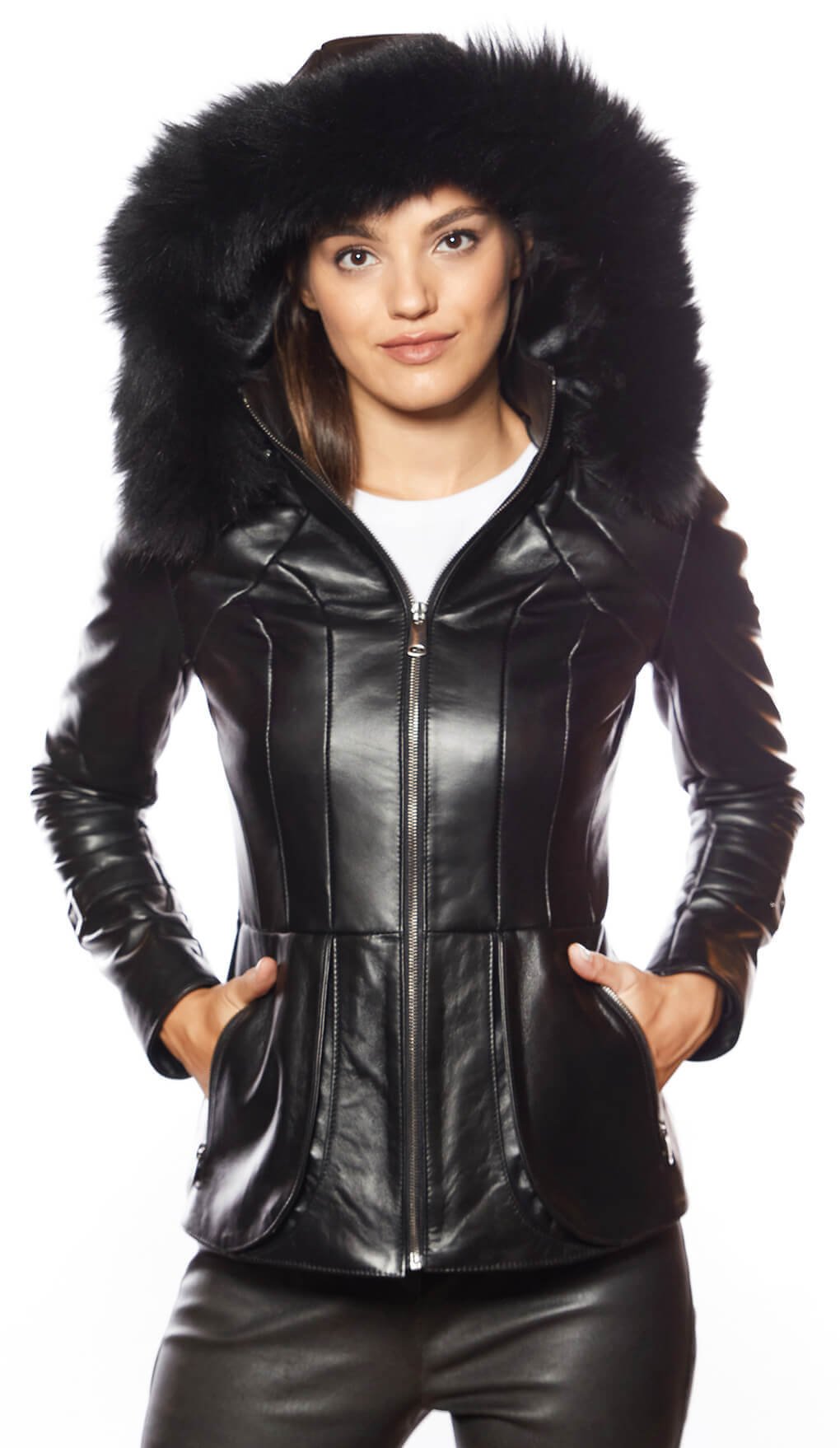 Black Hooded Women's Leather Coat