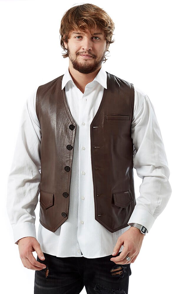 Brown Leather Vest with Pocket