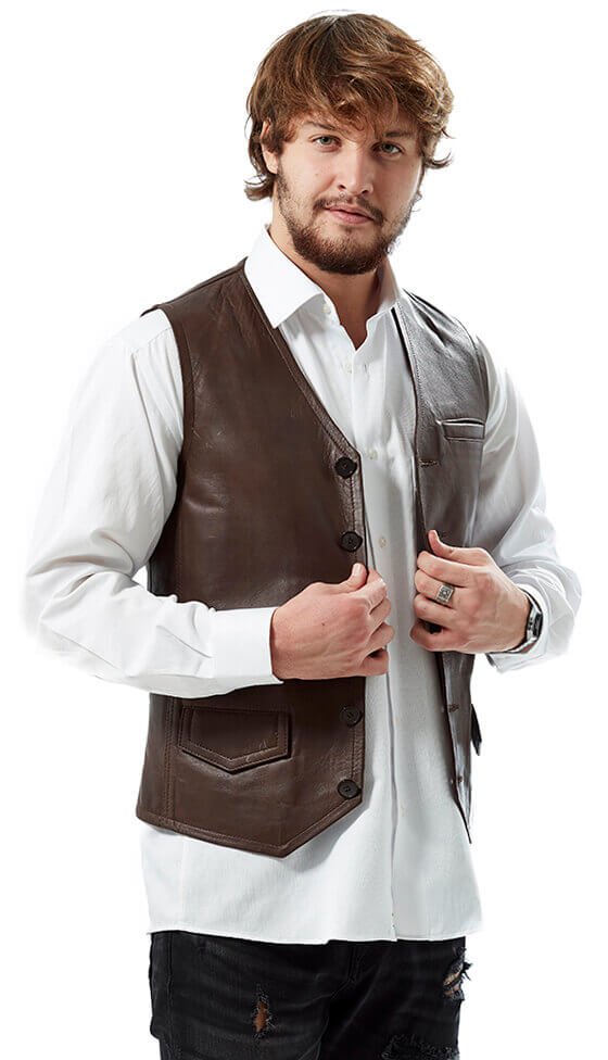 Brown Leather Vest with Pocket
