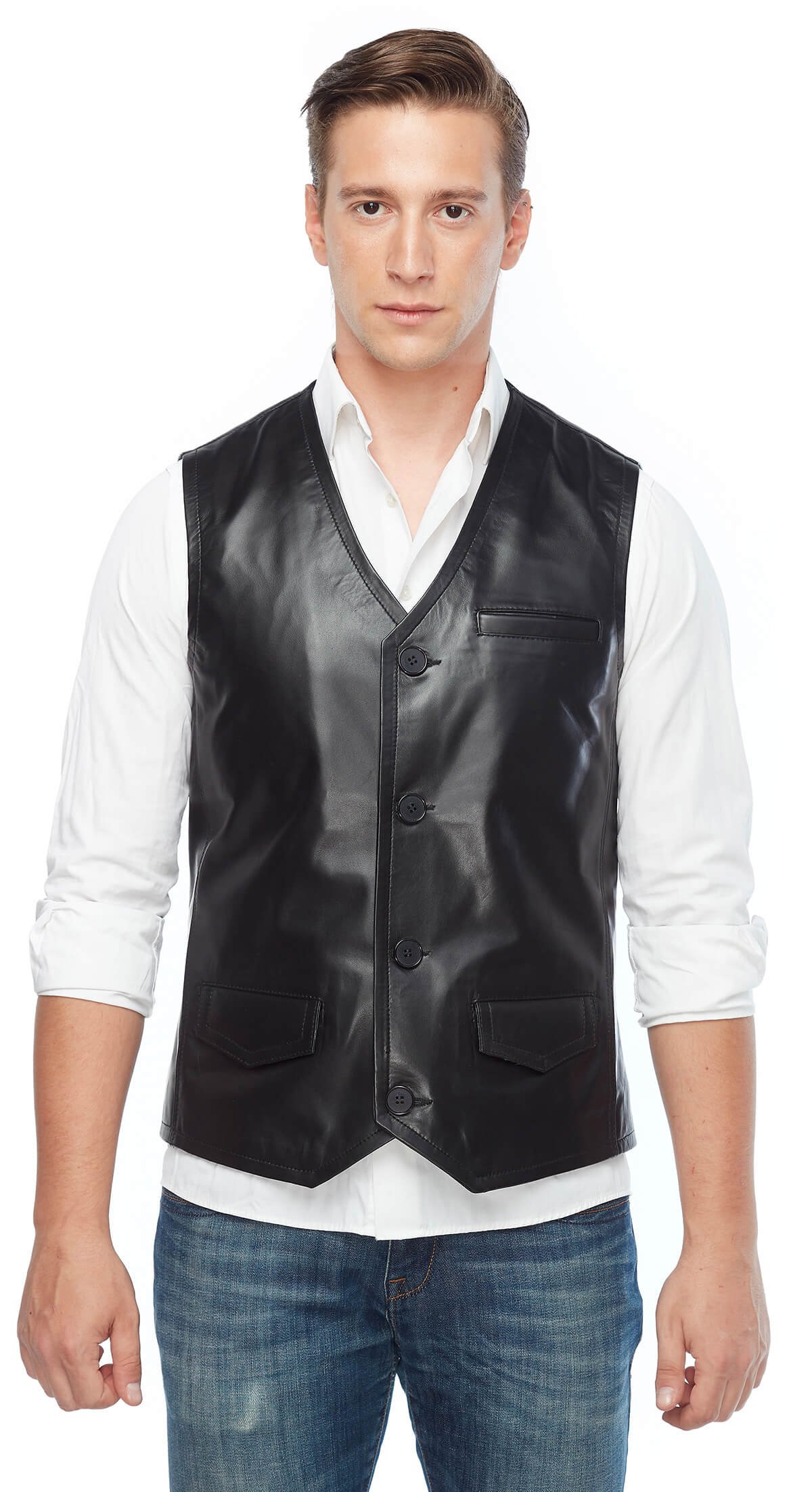Black Pocket Genuine Leather Vest