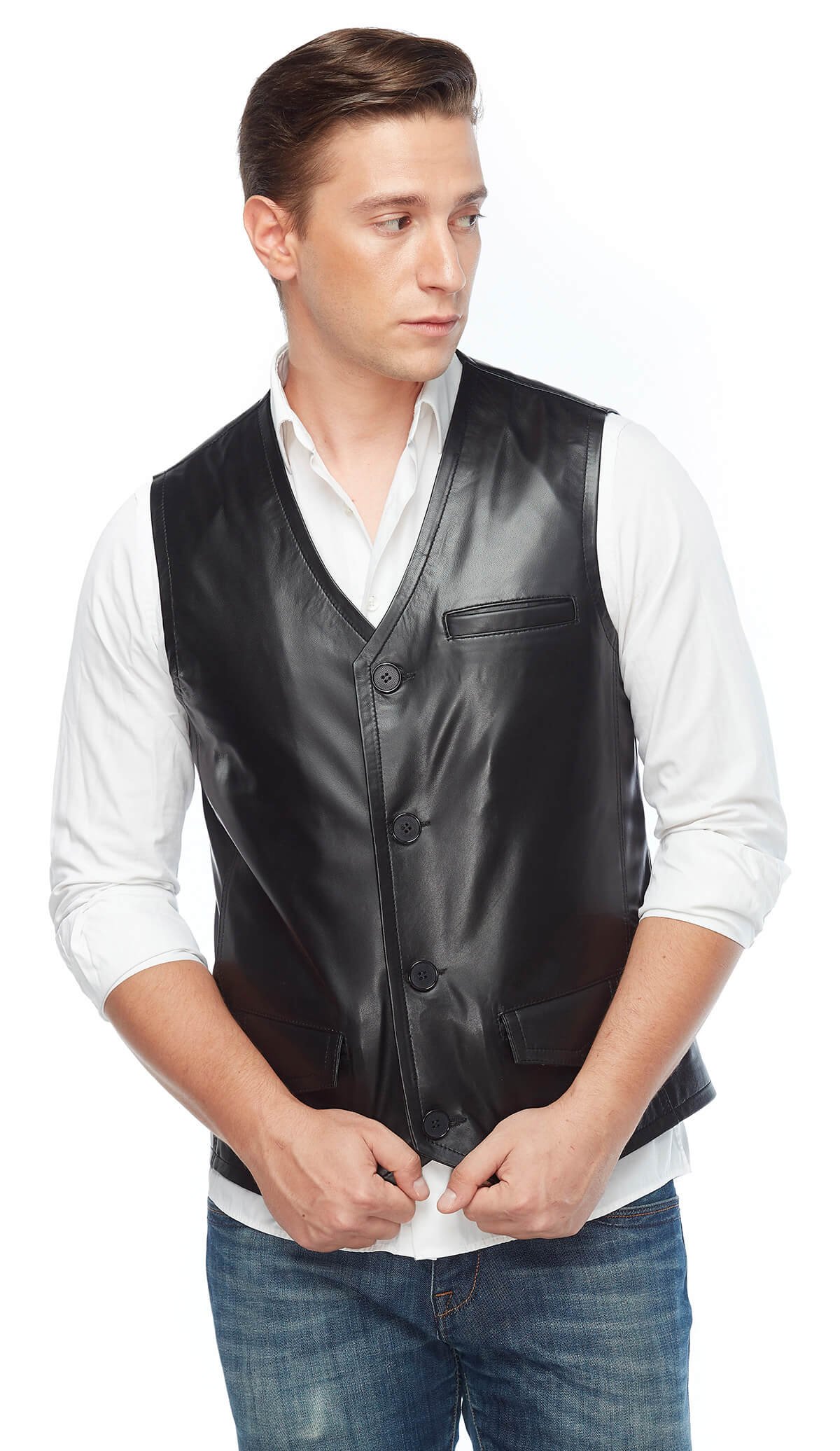 Black Pocket Genuine Leather Vest