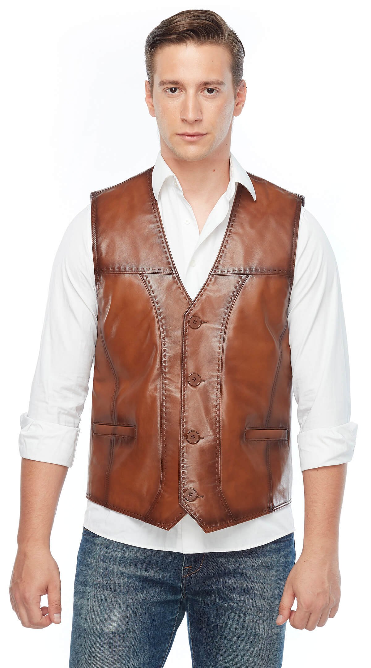 Pointed Tan Genuine Leather Vest