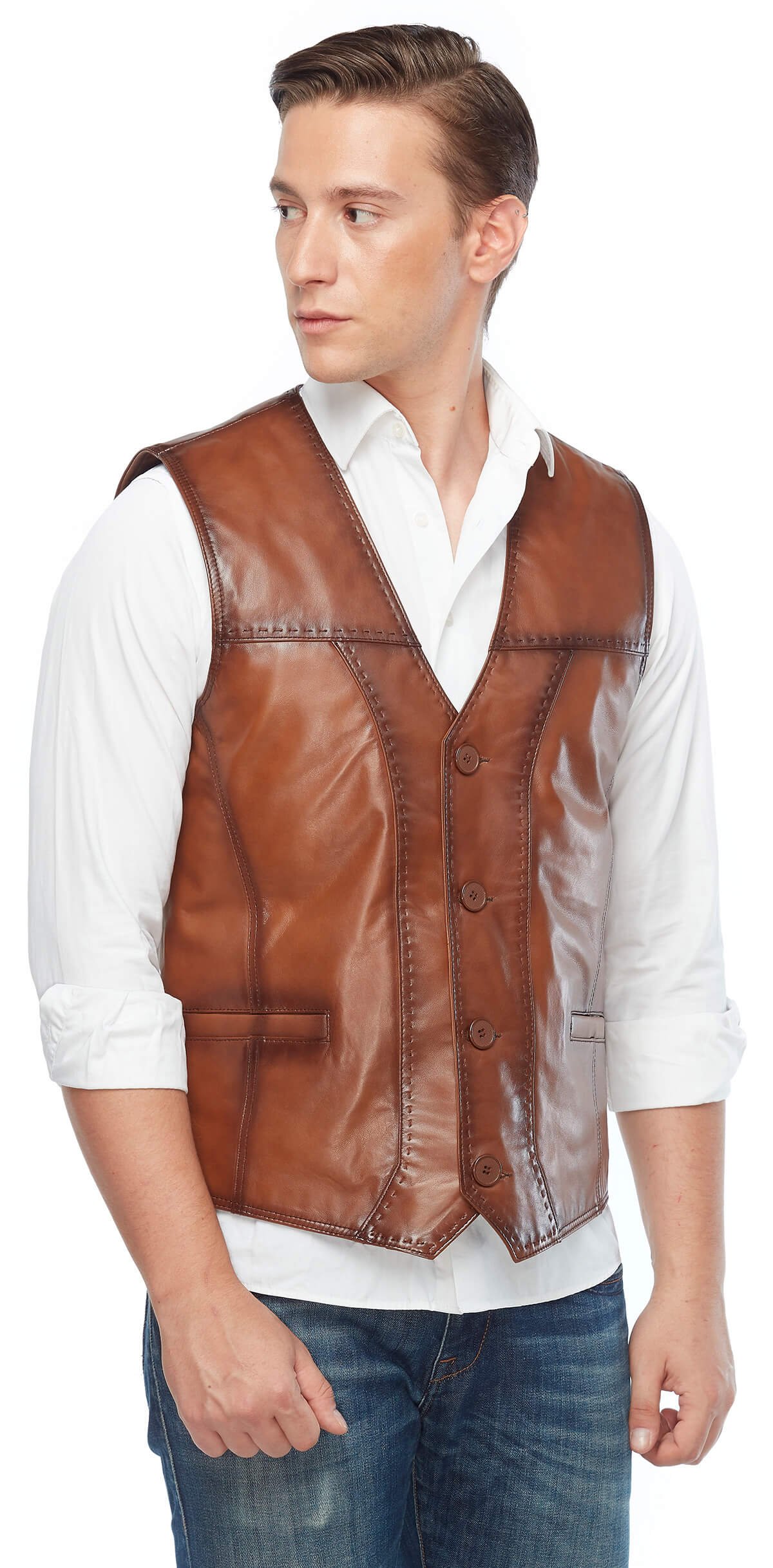 Pointed Tan Genuine Leather Vest