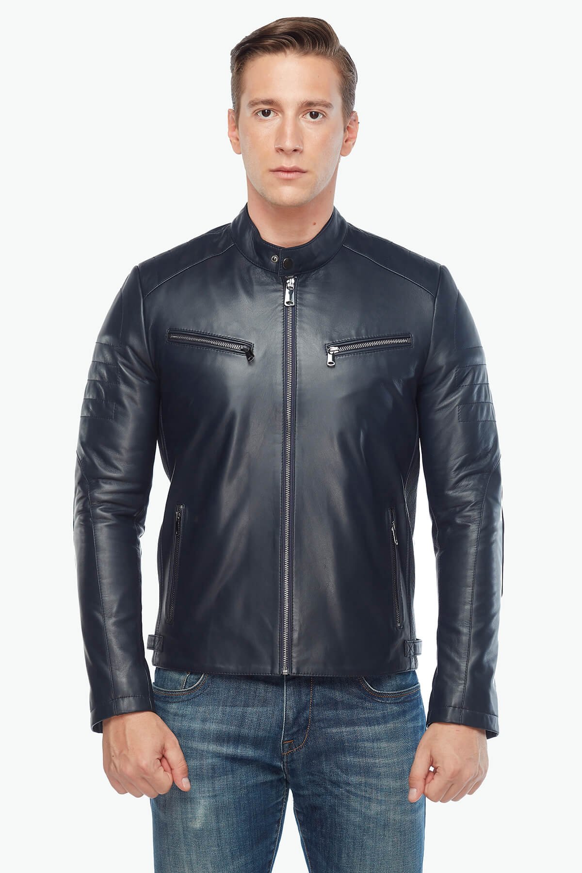 Brando Men's Sports Leather Jacket Navy Blue