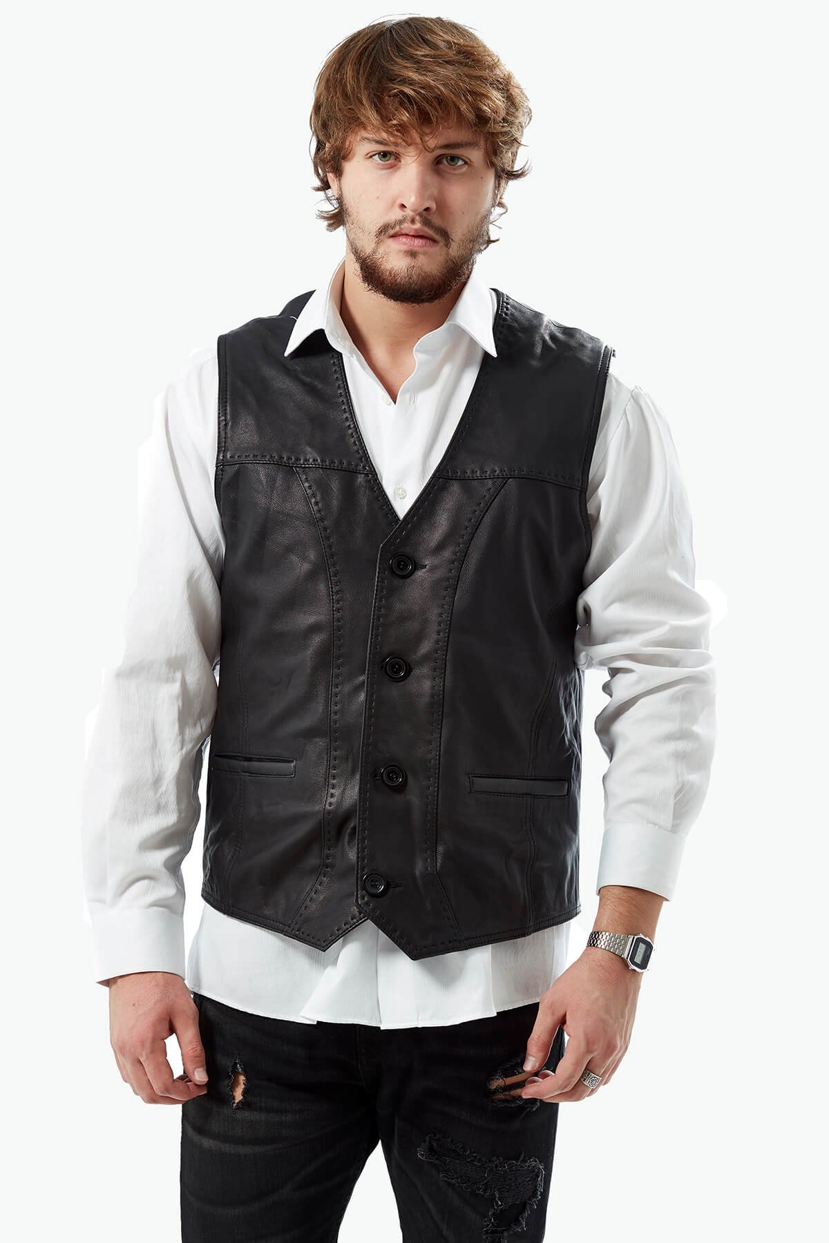 Pointed Black Leather Vest