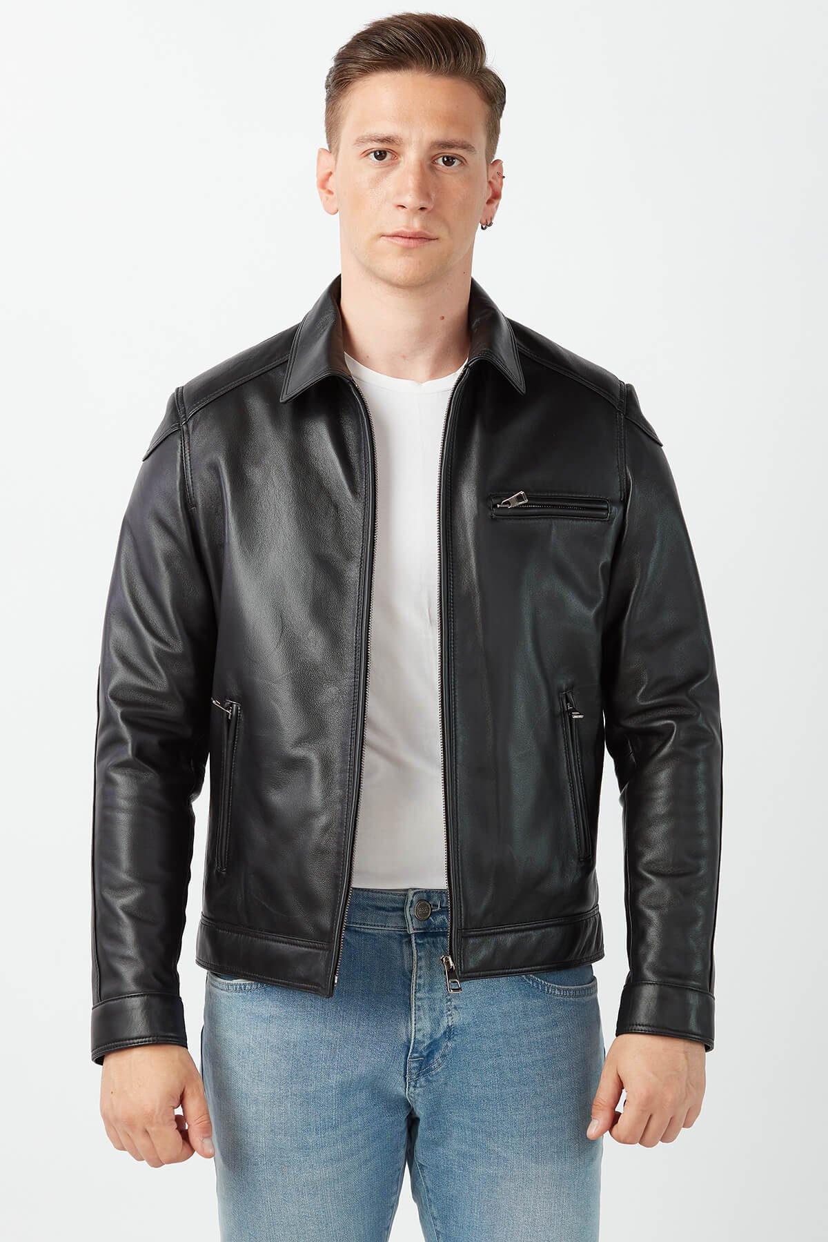 Santino Black Genuine Leather Men Coat