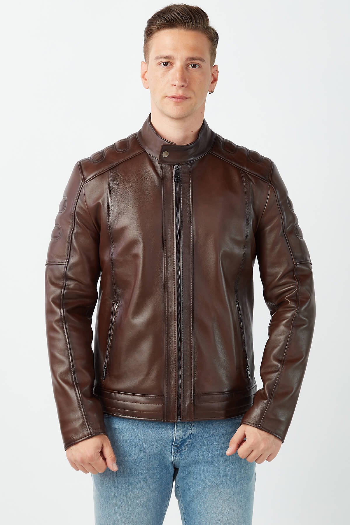 Chestnut Dyeing Genuine Leather Men Coat