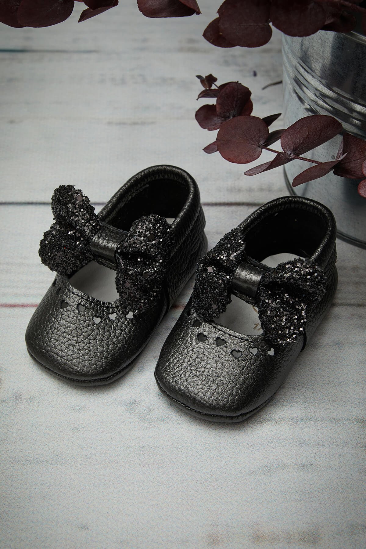 Heart Genuine Leather Baby Shoes Black Ribbon