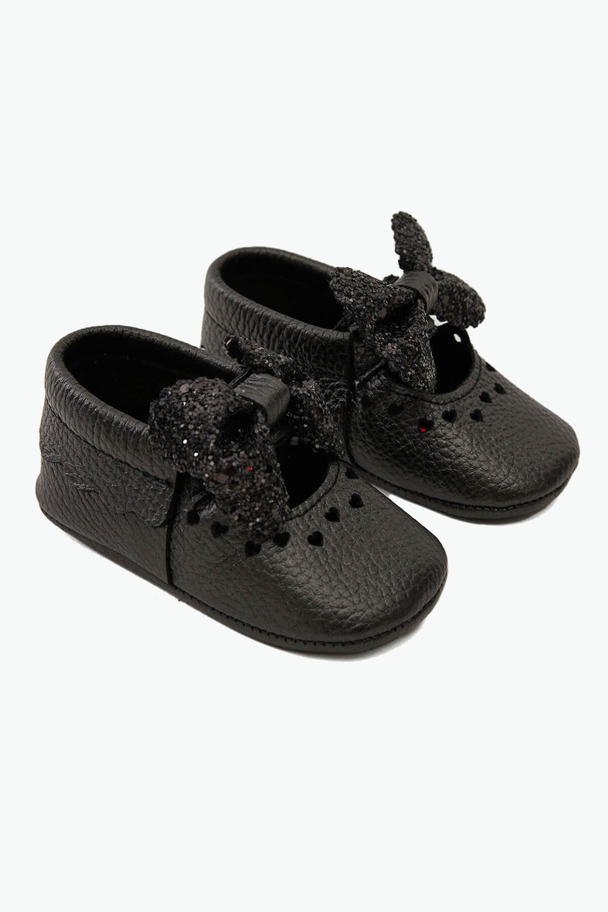 Heart Genuine Leather Baby Shoes Black Ribbon