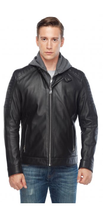 Black Hooded Men's Leather Jacket