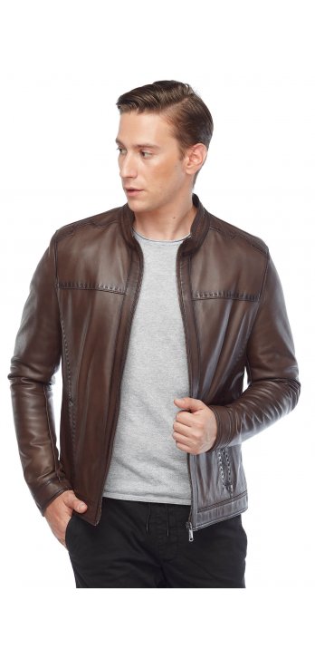 Sport Stitched Classic Leather Coat Brown