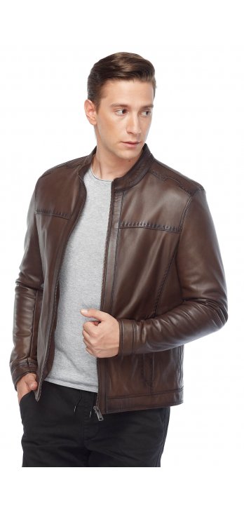 Sport Stitched Classic Leather Coat Brown