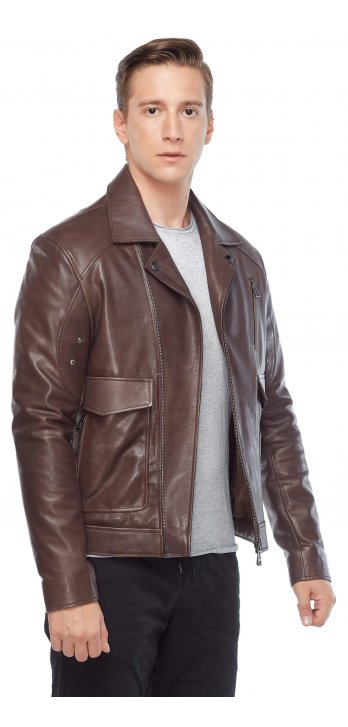 Pocket Genuine Men's Leather Coat Brown