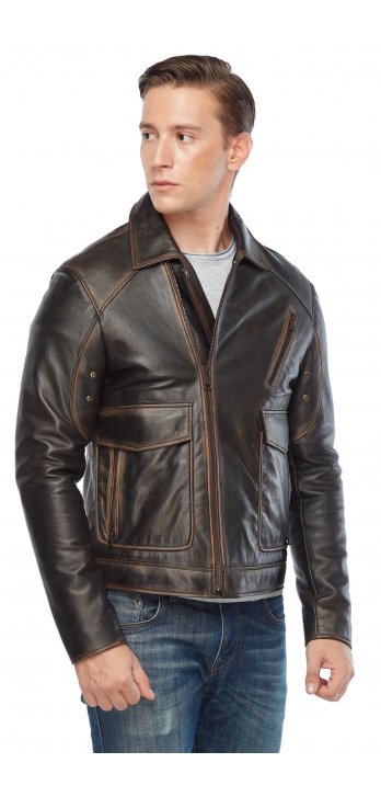 Pocket Genuine Men's Leather Coat Tumbled