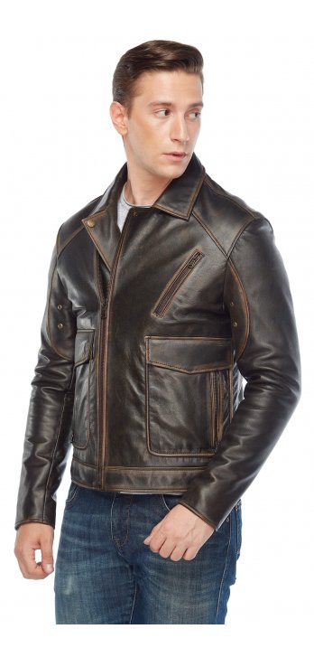 Pocket Genuine Men's Leather Coat Tumbled
