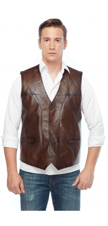 Pointed Brown Genuine Leather Vest