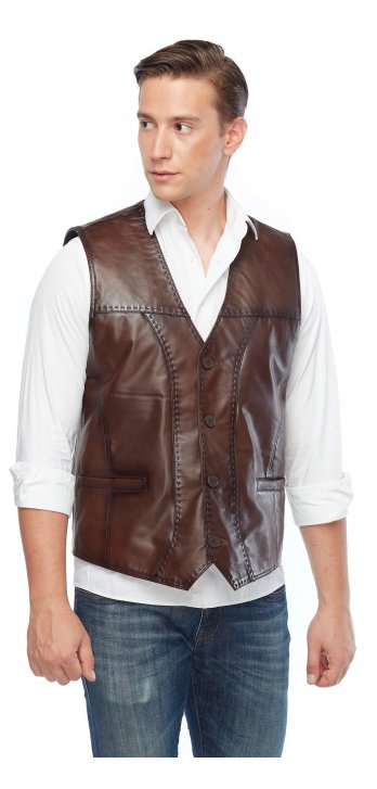 Pointed Brown Genuine Leather Vest
