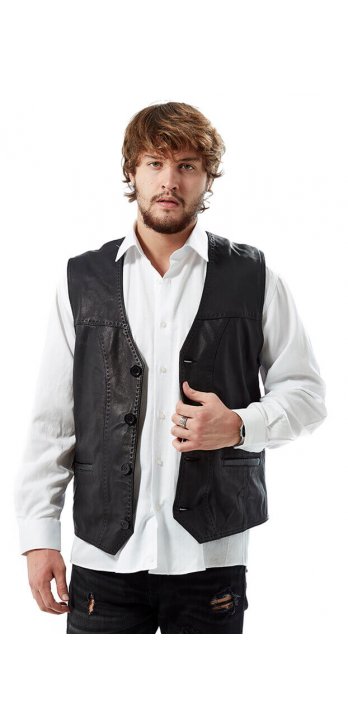 Pointed Black Leather Vest