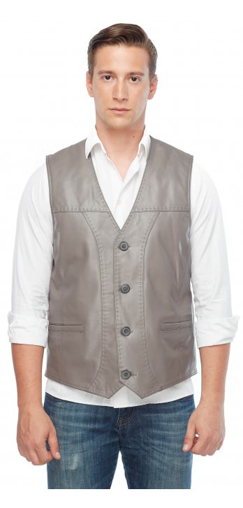 Pointed Taupe Genuine Leather Vest