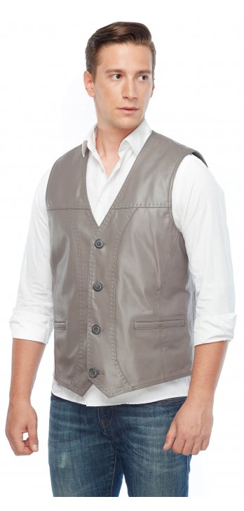Pointed Taupe Genuine Leather Vest