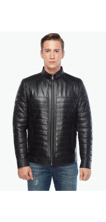 Black Inflatable Genuine Leather Men's Coat