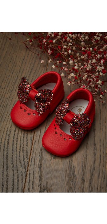 Heart Genuine Leather Baby Shoes Red Ribbon