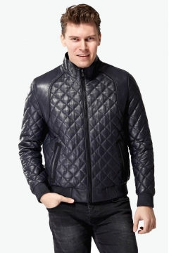 Quilted Leather Jacket Navy Blue