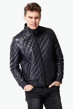 Quilted Leather Jacket Navy Blue