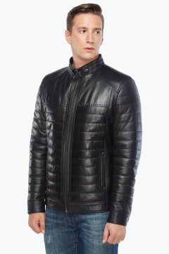 Black Inflatable Genuine Leather Men's Coat