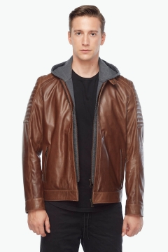 Brown Hooded Men's Leather Coat