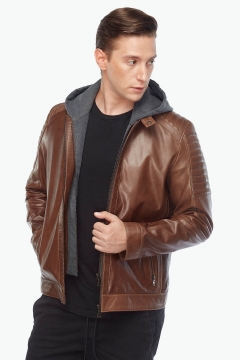 Brown Hooded Men's Leather Coat