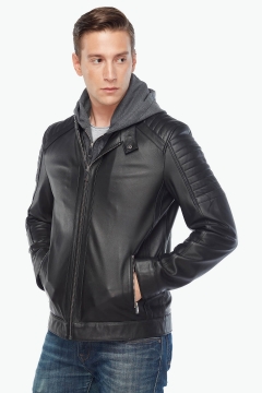 Black Hooded Men's Leather Jacket