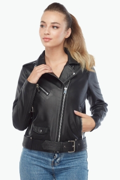 Belt Biker Black Women's Leather Jacket