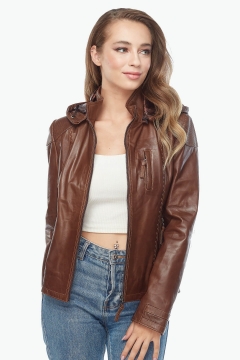 Hooded Brown Women's Leather Jacket