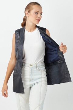 Genuine Leather Navy Blue Women Patterned Vest