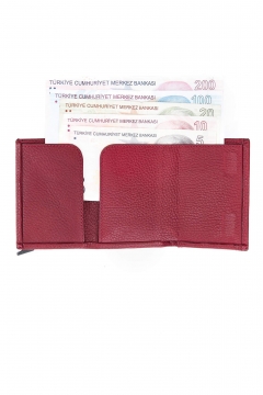 Genuine Leather Mechanical Card Holder Wallet Claret Red