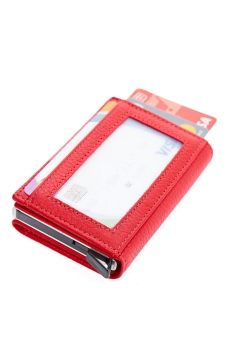 Genuine Leather Mechanical Card Holder Wallet Red