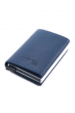 Genuine Leather Mechanical Card Holder Wallet Navy Blue