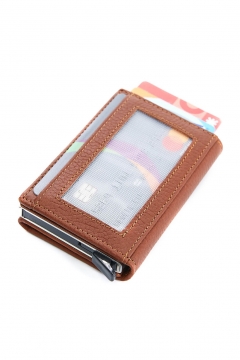 Genuine Leather Mechanical Card Holder Wallet Tan