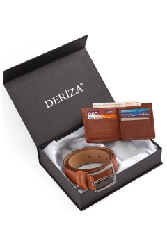 Genuine Leather Wallet Belt Set Tan